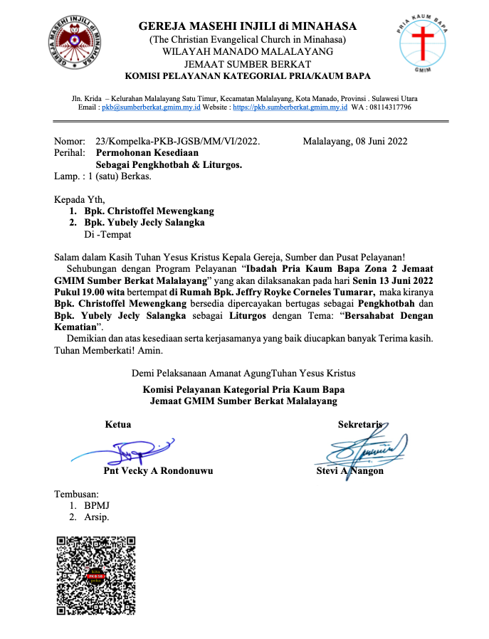 Undangan Pengkhotbah dan Liturgos Ibadah P/KB SB Zona 2 13/06/22