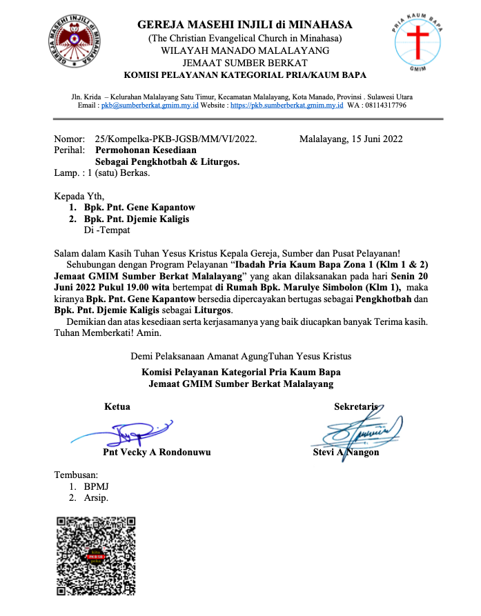 Undangan Pengkhotbah dan Liturgos Ibadah P/KB SB Zona 1 20/06/2022