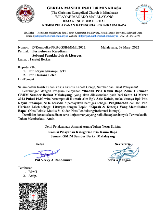 Undangan Pengkhotbah dan Liturgos Ibadah P/KB SB Zona 1