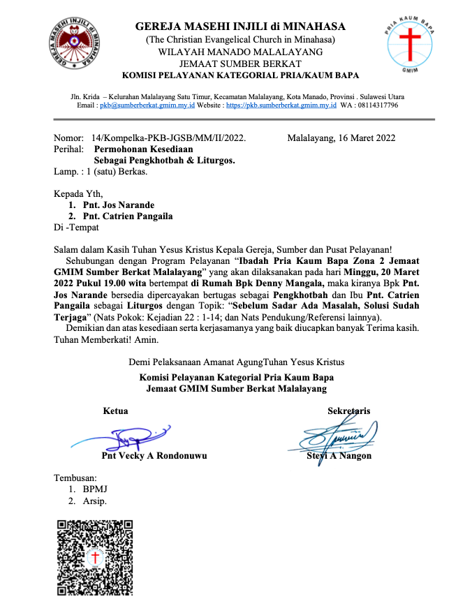 Undangan Pengkhotbah dan Liturgos Ibadah P/KB SB Zona 2