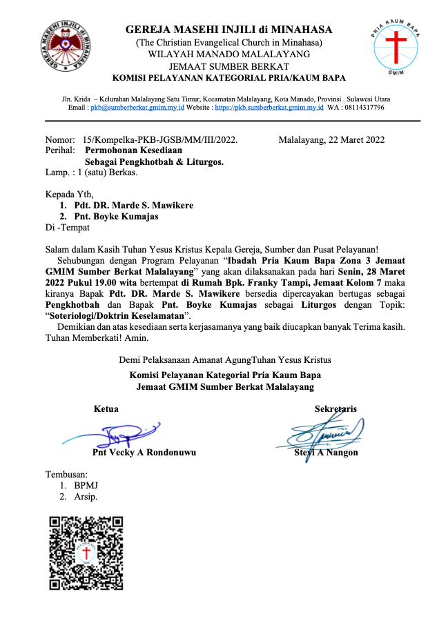 Undangan Pengkhotbah dan Liturgos Ibadah P/KB SB Zona 3