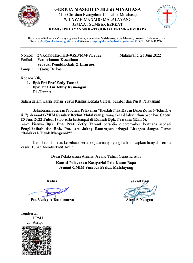 Undangan Pengkhotbah dan Liturgos Ibadah P/KB SB Zona 3 25/06/22