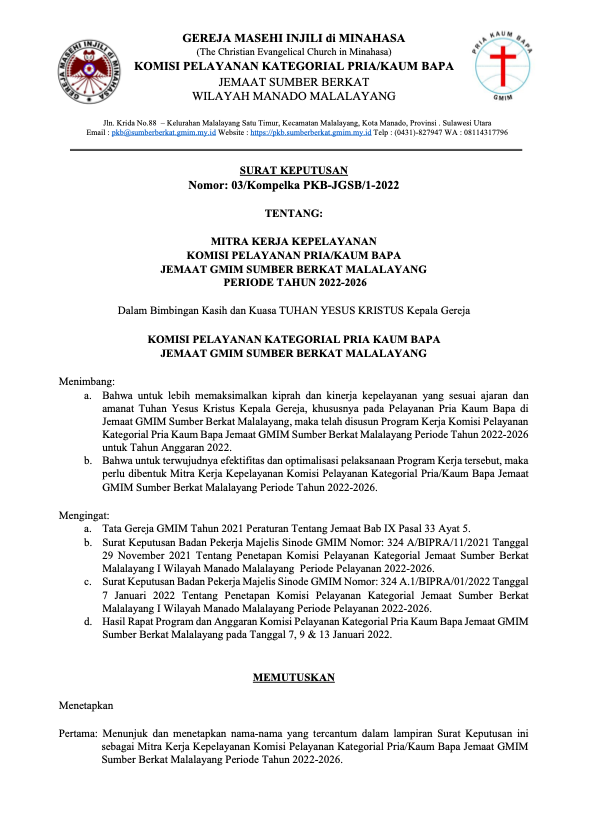 SURAT KEPUTUSAN Nomor: 03/Kompelka PKB-JGSB/1-2022