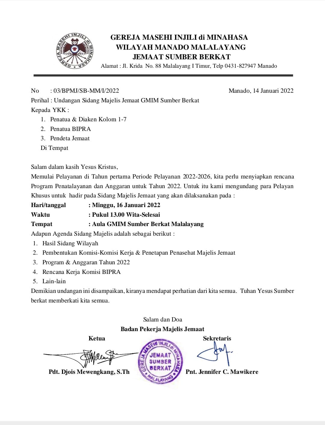 Undangan Sidang Majelis Jemaat GMIM Sumber Berkat